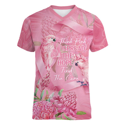 Australia Breast Cancer Support Women V-Neck T-Shirt Think Pink Cockatoos Ribbon