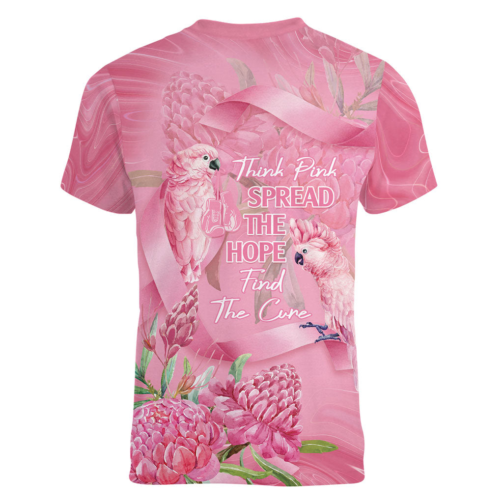 Australia Breast Cancer Support Women V-Neck T-Shirt Think Pink Cockatoos Ribbon