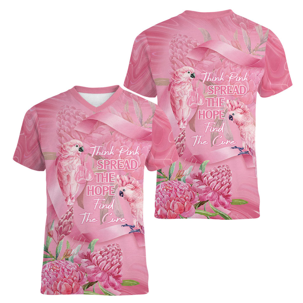 Australia Breast Cancer Support Women V-Neck T-Shirt Think Pink Cockatoos Ribbon