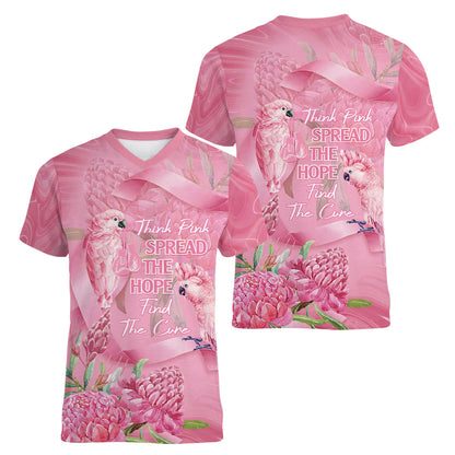 Australia Breast Cancer Support Women V-Neck T-Shirt Think Pink Cockatoos Ribbon