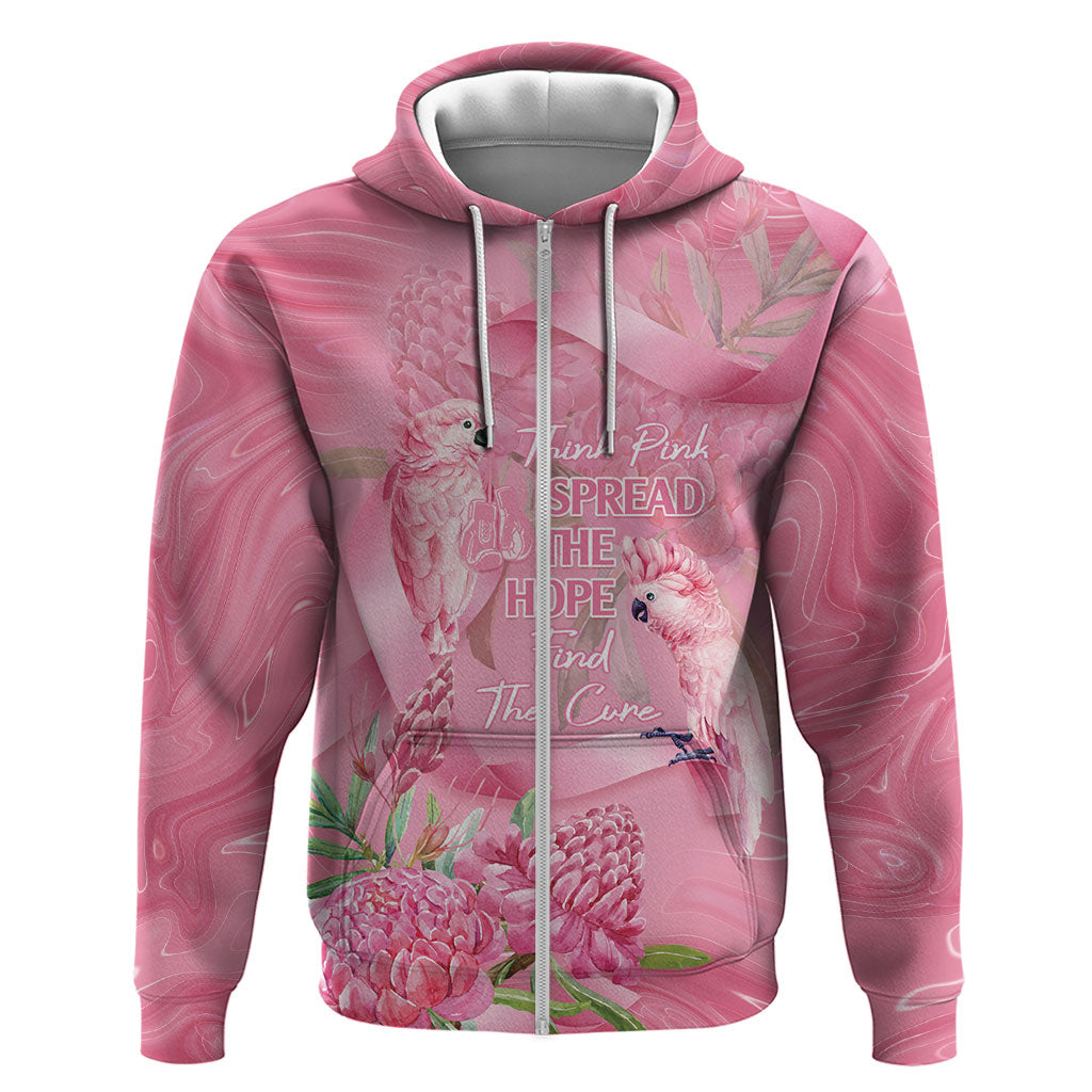 Australia Breast Cancer Support Zip Hoodie Think Pink Cockatoos Ribbon