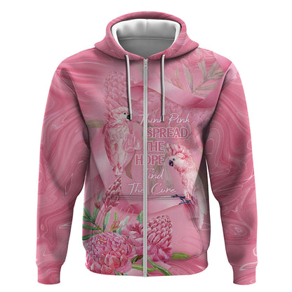 Australia Breast Cancer Support Zip Hoodie Think Pink Cockatoos Ribbon