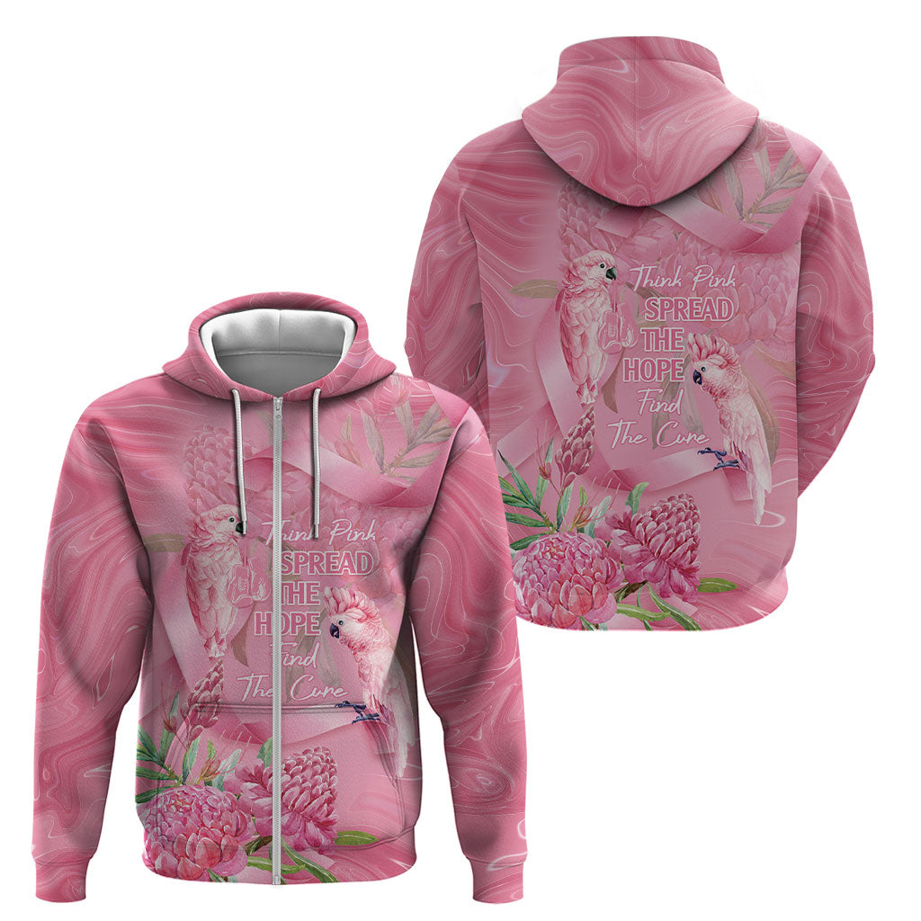 Australia Breast Cancer Support Zip Hoodie Think Pink Cockatoos Ribbon