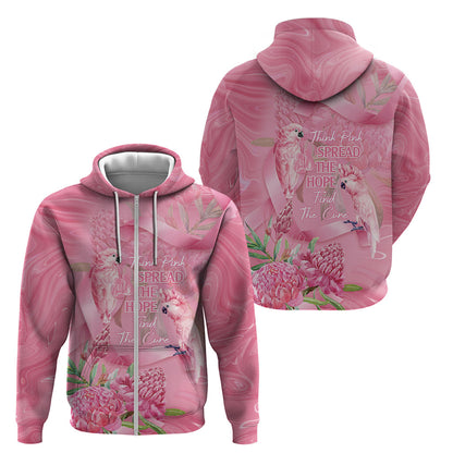 Australia Breast Cancer Support Zip Hoodie Think Pink Cockatoos Ribbon