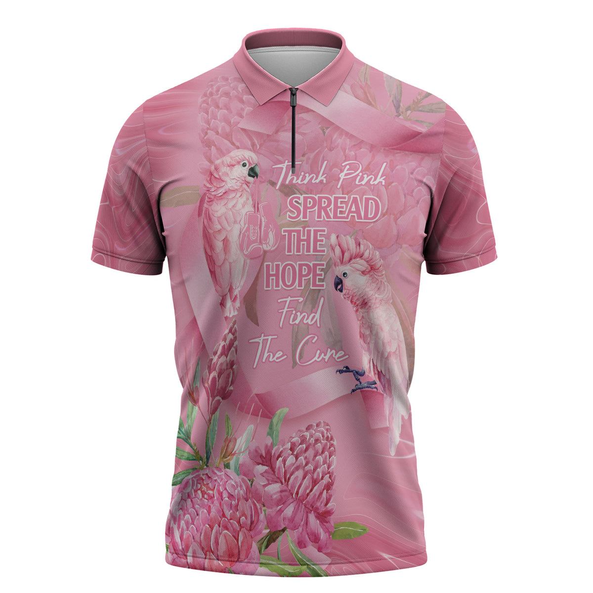 Australia Breast Cancer Support Zipper Polo Shirt Think Pink Cockatoos Ribbon