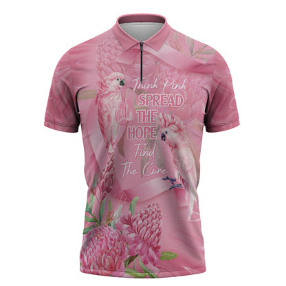 Australia Breast Cancer Support Zipper Polo Shirt Think Pink Cockatoos Ribbon