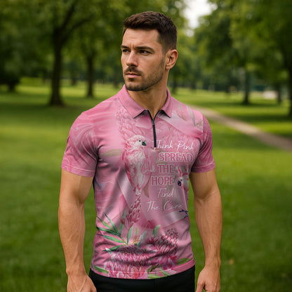 Australia Breast Cancer Support Zipper Polo Shirt Think Pink Cockatoos Ribbon
