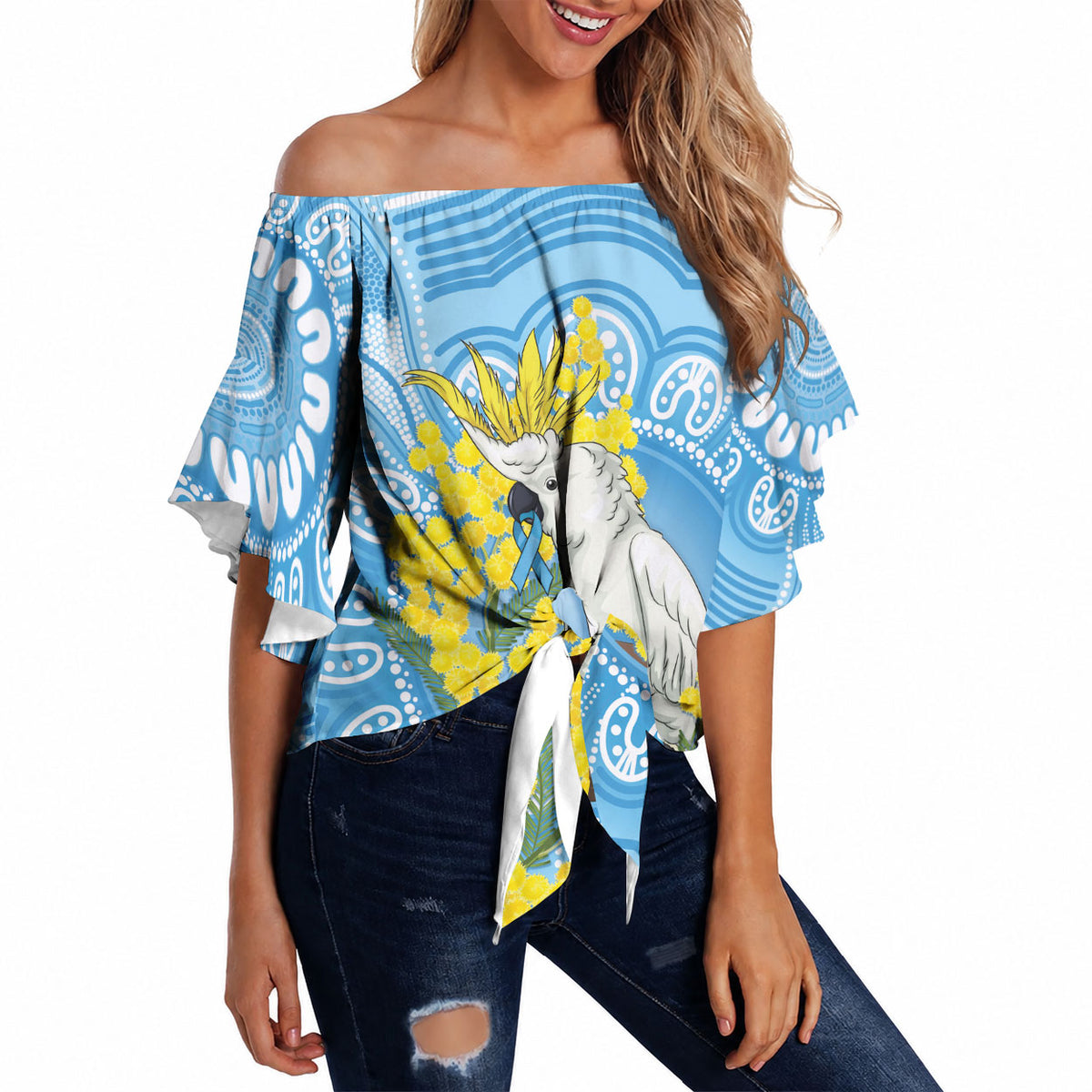 World Diabetes Day Australia Off Shoulder Wrap Waist Top Yellow-crested Cockatoo Golden Wattle Aboriginal