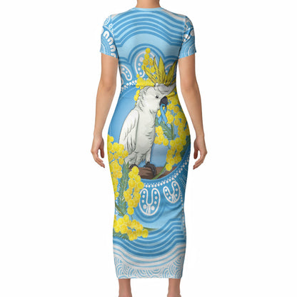 World Diabetes Day Australia Short Sleeve Bodycon Dress Yellow-crested Cockatoo Golden Wattle Aboriginal