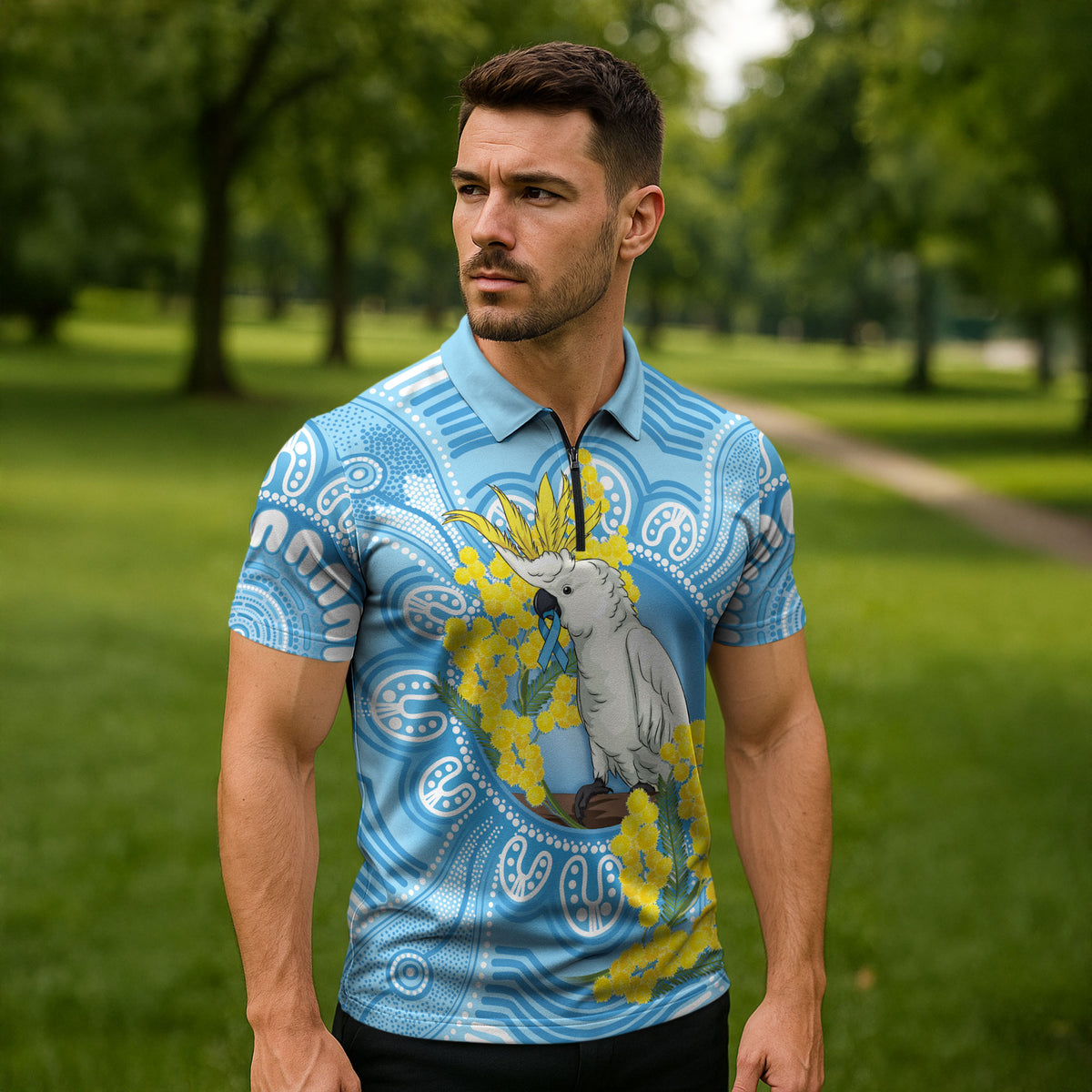 World Diabetes Day Australia Zipper Polo Shirt Yellow-crested Cockatoo Golden Wattle Aboriginal