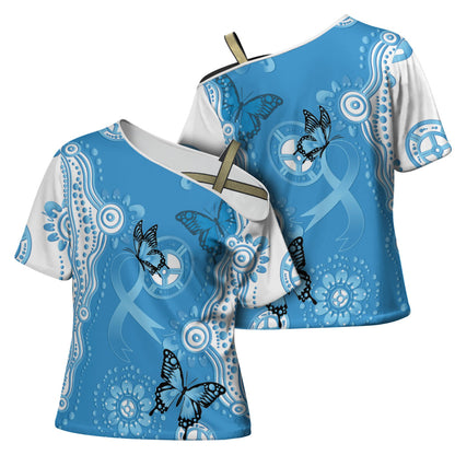 World Diabetes Day Australia Cross Shoulder Shirt Blue Ribbon Butterfly Aboriginal Art