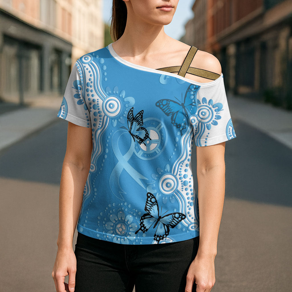 World Diabetes Day Australia Cross Shoulder Shirt Blue Ribbon Butterfly Aboriginal Art