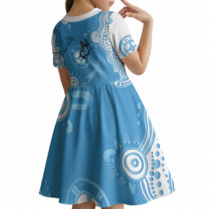 World Diabetes Day Australia Kid Short Sleeve Dress Blue Ribbon Butterfly Aboriginal Art