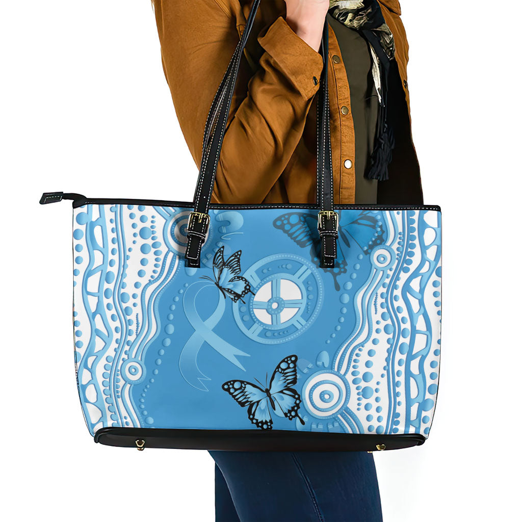 World Diabetes Day Australia Leather Tote Bag Blue Ribbon Butterfly Aboriginal Art