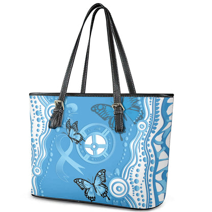 World Diabetes Day Australia Leather Tote Bag Blue Ribbon Butterfly Aboriginal Art