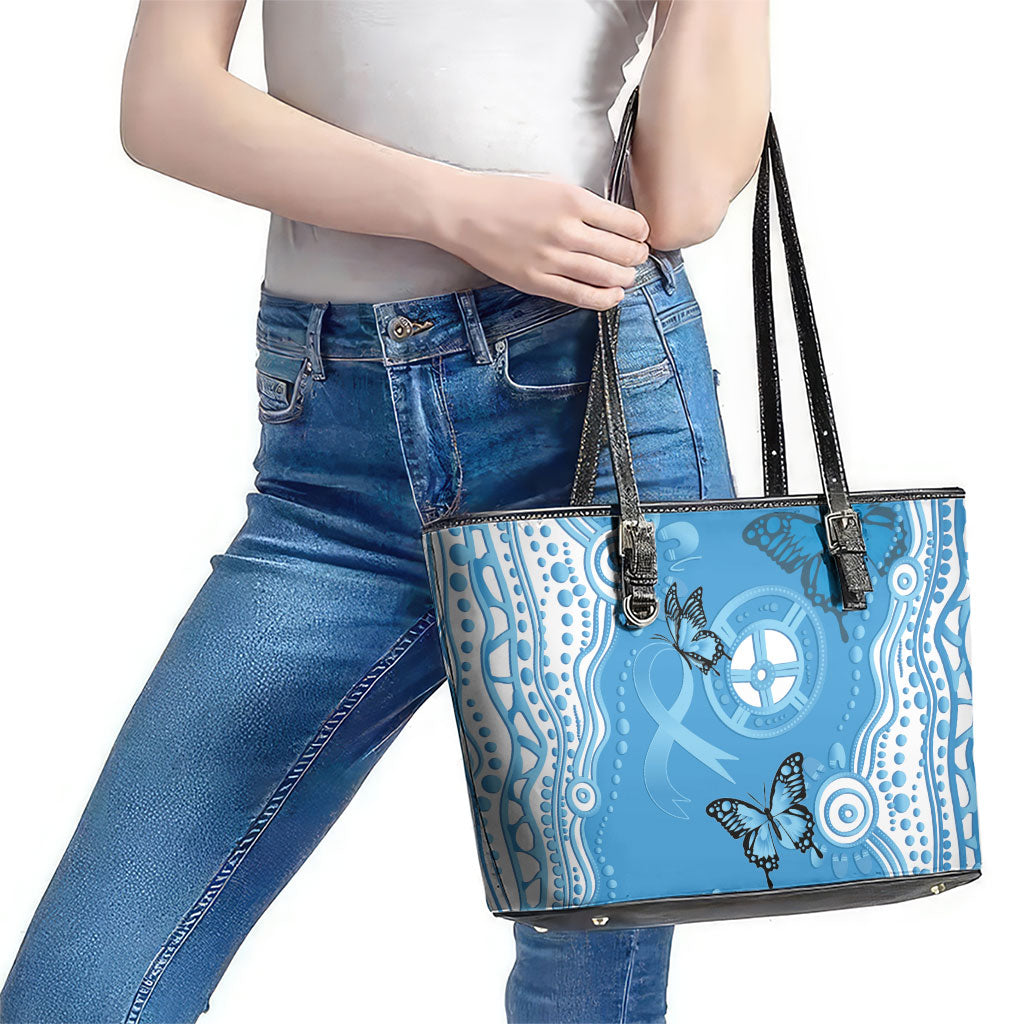 World Diabetes Day Australia Leather Tote Bag Blue Ribbon Butterfly Aboriginal Art