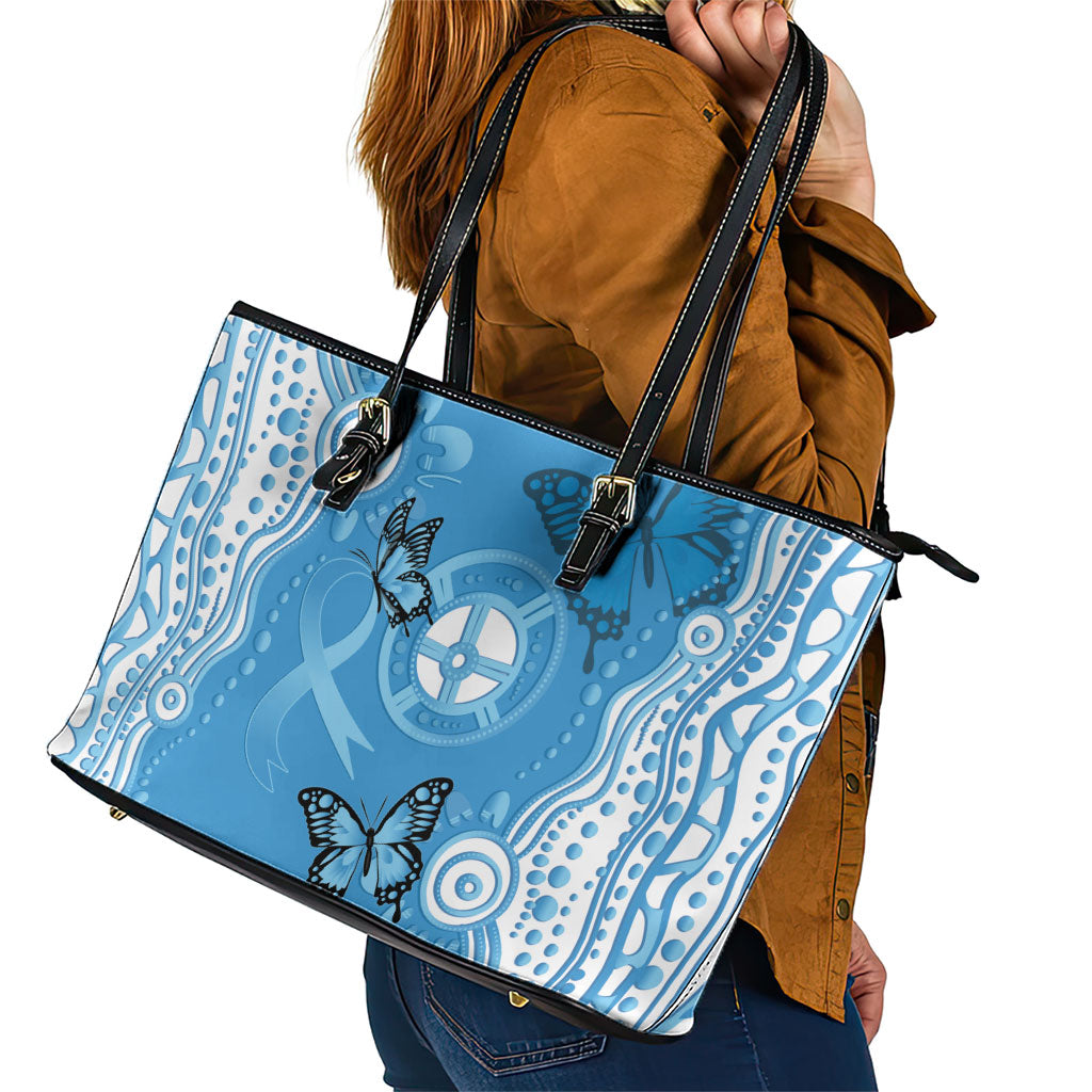 World Diabetes Day Australia Leather Tote Bag Blue Ribbon Butterfly Aboriginal Art