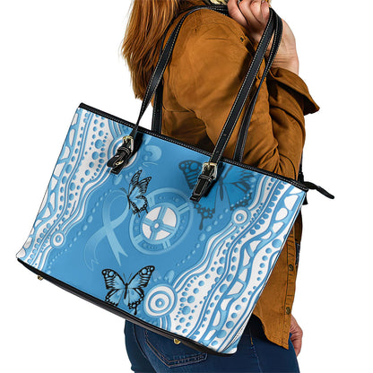 World Diabetes Day Australia Leather Tote Bag Blue Ribbon Butterfly Aboriginal Art