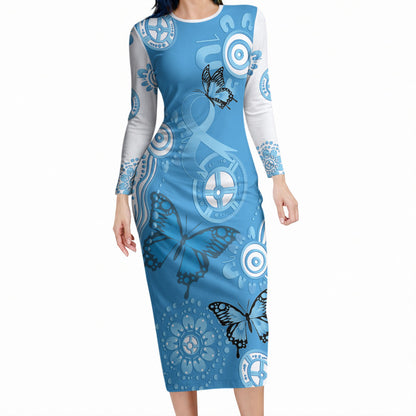 World Diabetes Day Australia Long Sleeve Bodycon Dress Blue Ribbon Butterfly Aboriginal Art
