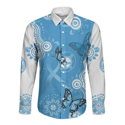 World Diabetes Day Australia Long Sleeve Button Shirt Blue Ribbon Butterfly Aboriginal Art
