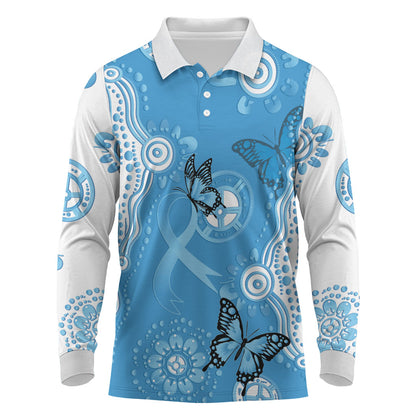 World Diabetes Day Australia Long Sleeve Polo Shirt Blue Ribbon Butterfly Aboriginal Art