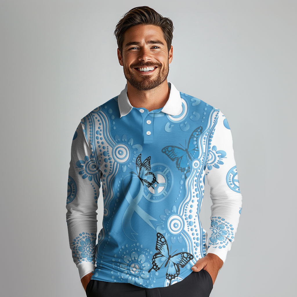 World Diabetes Day Australia Long Sleeve Polo Shirt Blue Ribbon Butterfly Aboriginal Art