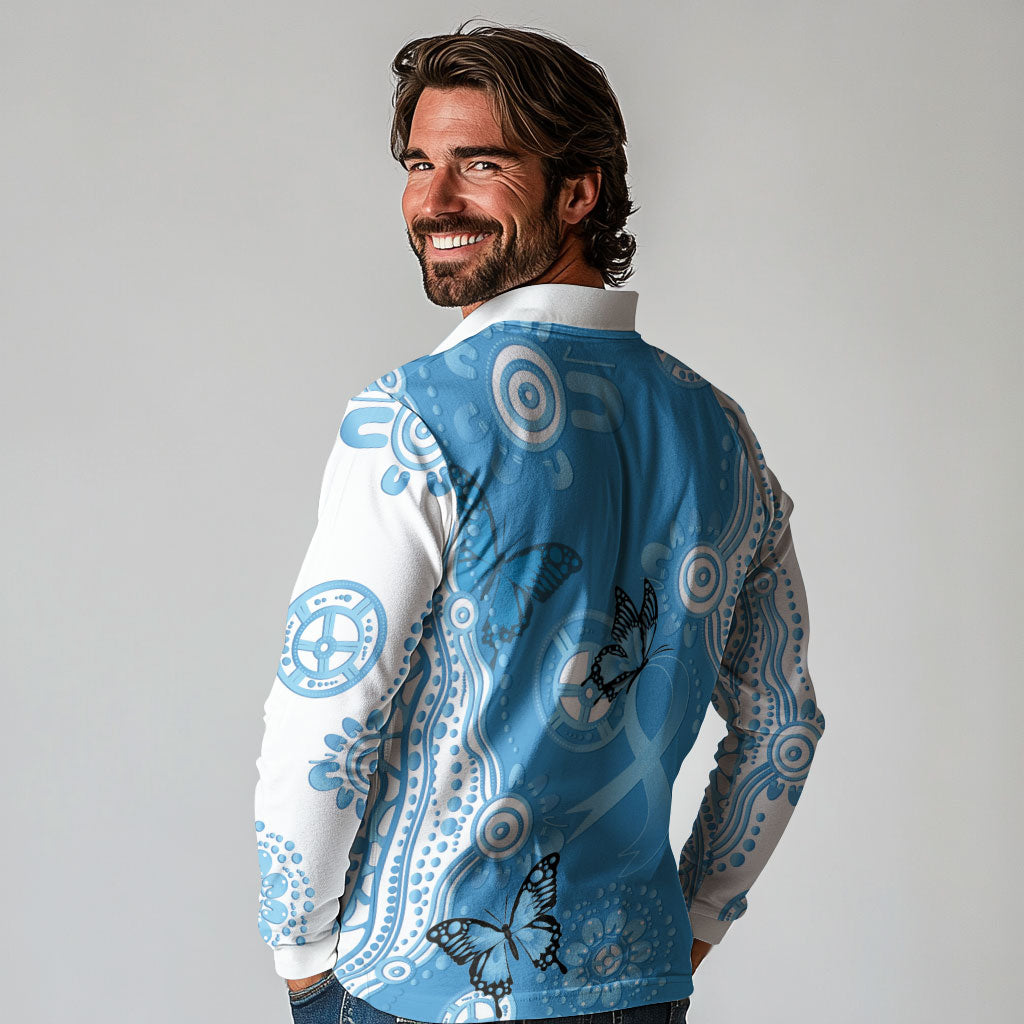 World Diabetes Day Australia Long Sleeve Polo Shirt Blue Ribbon Butterfly Aboriginal Art