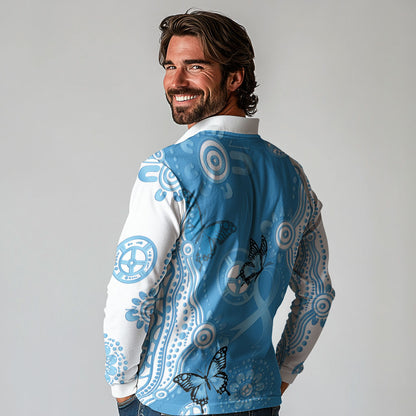World Diabetes Day Australia Long Sleeve Polo Shirt Blue Ribbon Butterfly Aboriginal Art