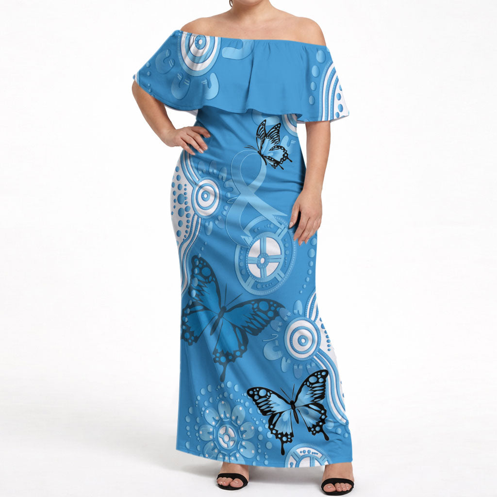 World Diabetes Day Australia Off Shoulder Maxi Dress Blue Ribbon Butterfly Aboriginal Art