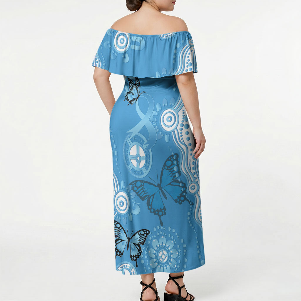 World Diabetes Day Australia Off Shoulder Maxi Dress Blue Ribbon Butterfly Aboriginal Art
