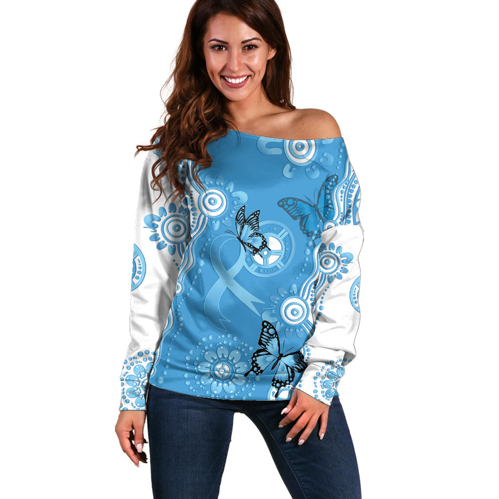 World Diabetes Day Australia Off Shoulder Sweater Blue Ribbon Butterfly Aboriginal Art
