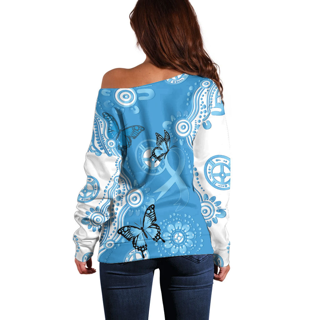 World Diabetes Day Australia Off Shoulder Sweater Blue Ribbon Butterfly Aboriginal Art