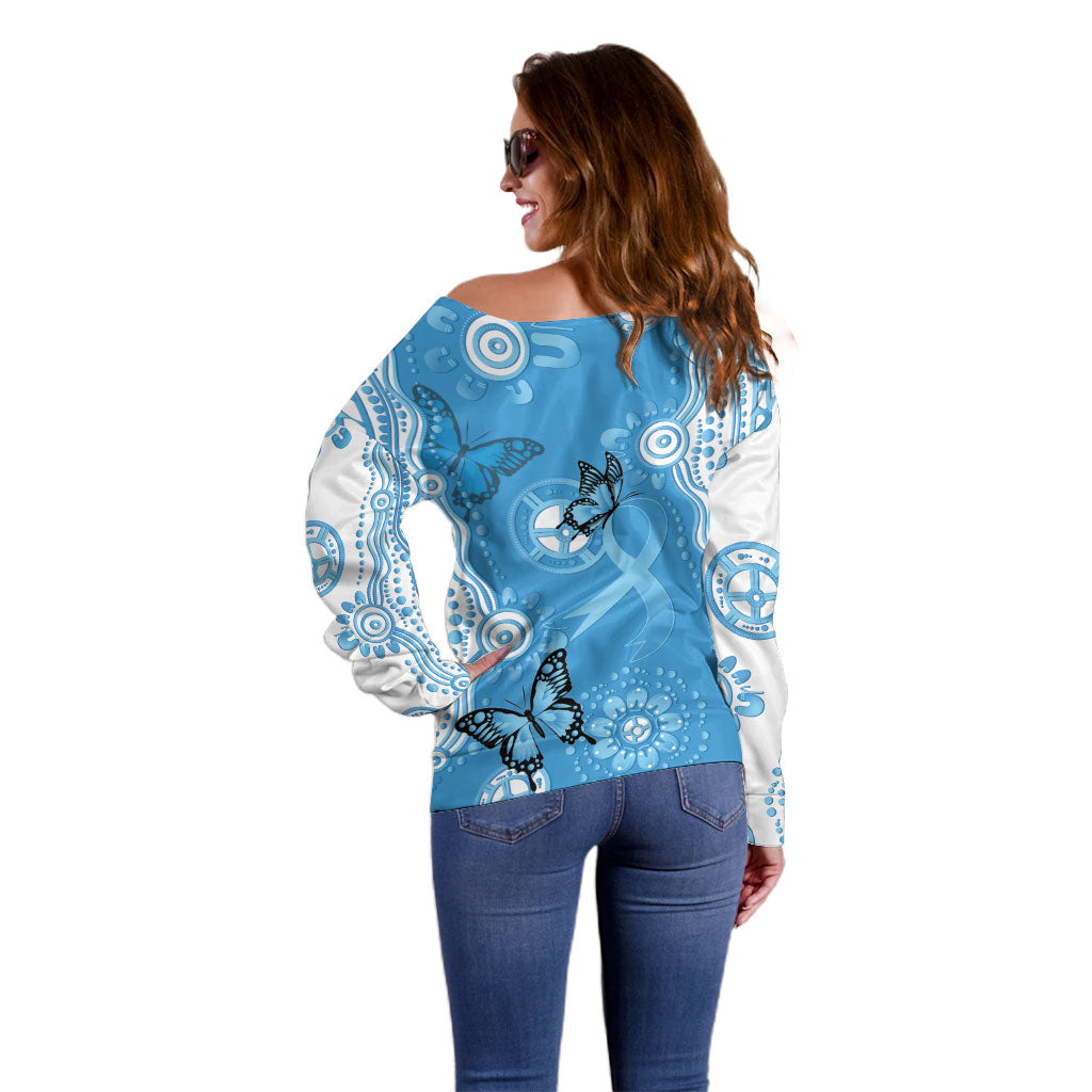 World Diabetes Day Australia Off Shoulder Sweater Blue Ribbon Butterfly Aboriginal Art