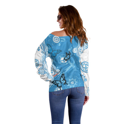 World Diabetes Day Australia Off Shoulder Sweater Blue Ribbon Butterfly Aboriginal Art