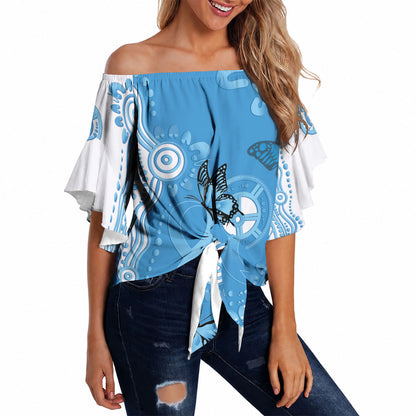 World Diabetes Day Australia Off Shoulder Wrap Waist Top Blue Ribbon Butterfly Aboriginal Art