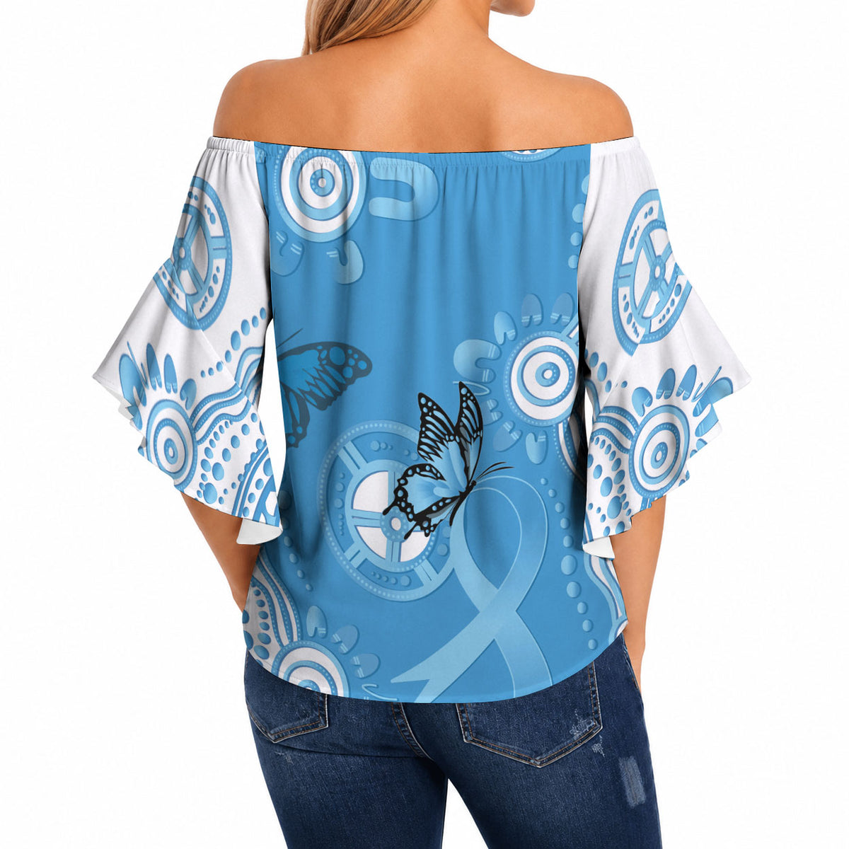 World Diabetes Day Australia Off Shoulder Wrap Waist Top Blue Ribbon Butterfly Aboriginal Art