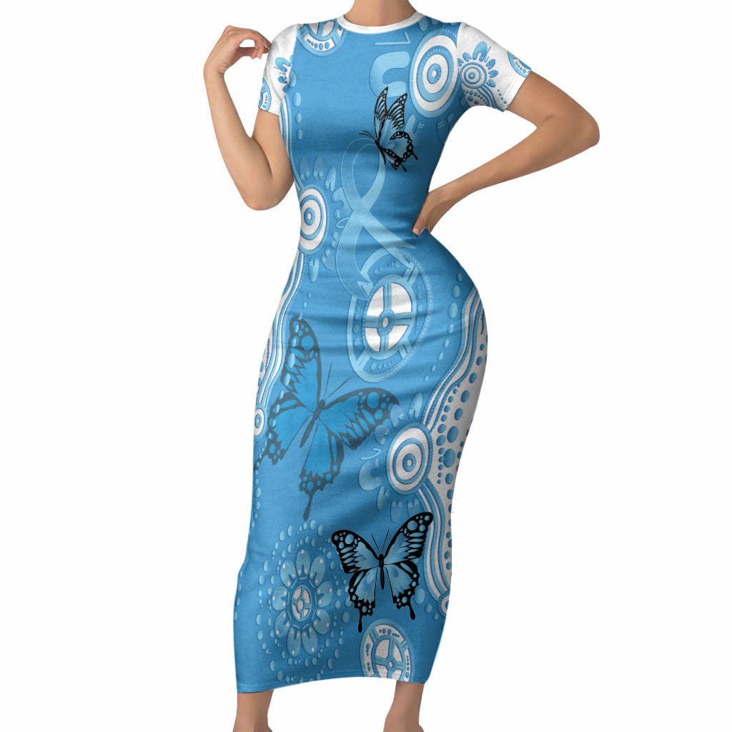 World Diabetes Day Australia Short Sleeve Bodycon Dress Blue Ribbon Butterfly Aboriginal Art