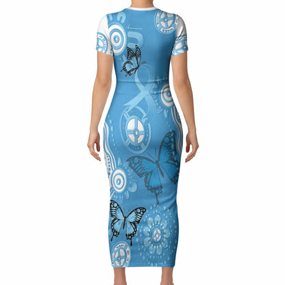 World Diabetes Day Australia Short Sleeve Bodycon Dress Blue Ribbon Butterfly Aboriginal Art