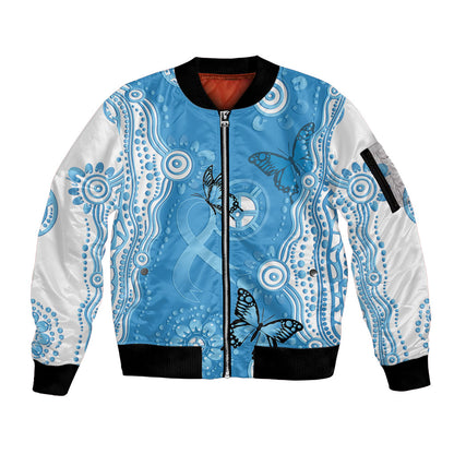 World Diabetes Day Australia Sleeve Zip Bomber Jacket Blue Ribbon Butterfly Aboriginal Art