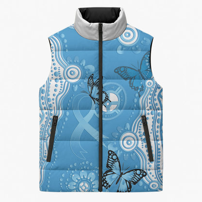 World Diabetes Day Australia Sleeveless Puffer Jacket Blue Ribbon Butterfly Aboriginal Art