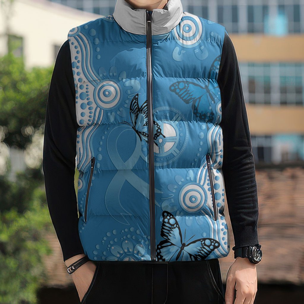 World Diabetes Day Australia Sleeveless Puffer Jacket Blue Ribbon Butterfly Aboriginal Art