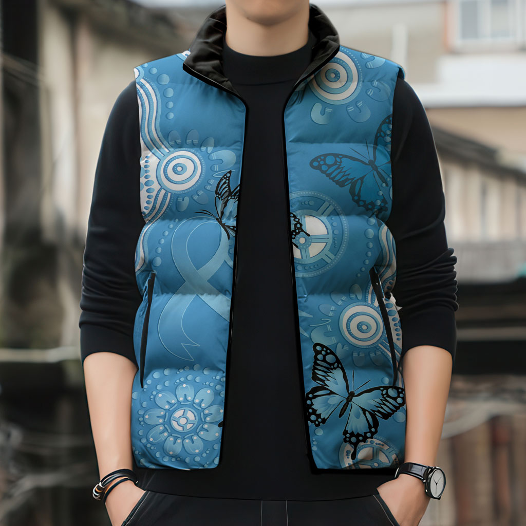 World Diabetes Day Australia Sleeveless Puffer Jacket Blue Ribbon Butterfly Aboriginal Art