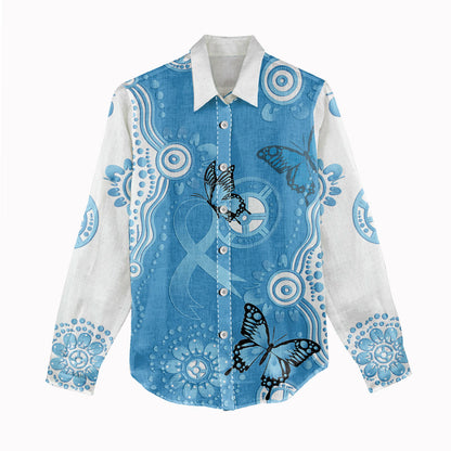 World Diabetes Day Australia Women Casual Shirt Blue Ribbon Butterfly Aboriginal Art