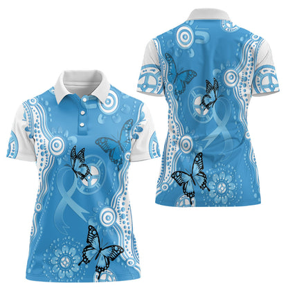 World Diabetes Day Australia Women Polo Shirt Blue Ribbon Butterfly Aboriginal Art