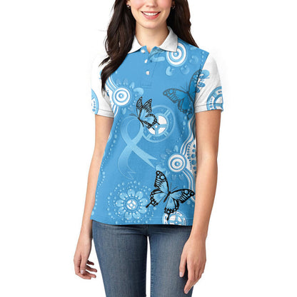 World Diabetes Day Australia Women Polo Shirt Blue Ribbon Butterfly Aboriginal Art
