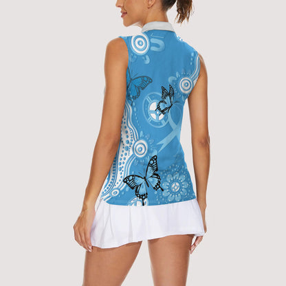 World Diabetes Day Australia Women Sleeveless Polo Shirt Blue Ribbon Butterfly Aboriginal Art