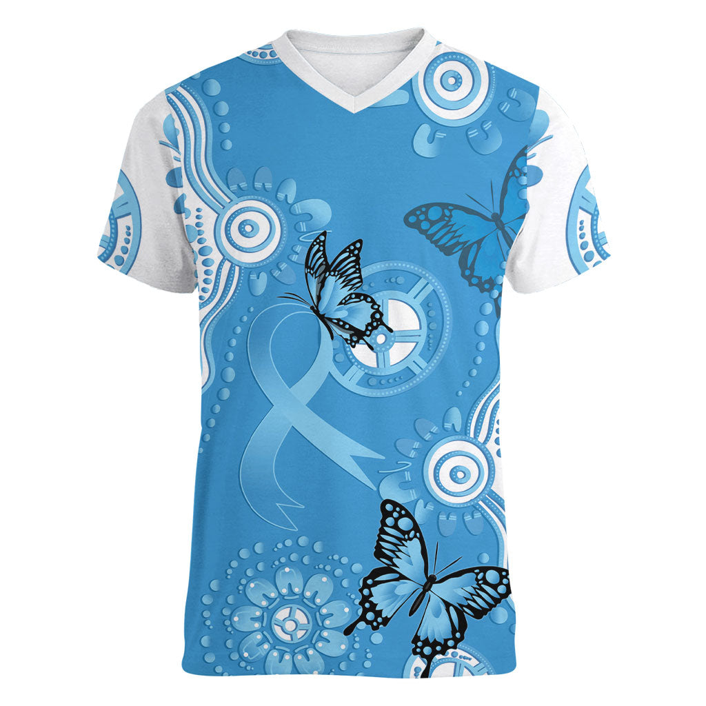 World Diabetes Day Australia Women V-Neck T-Shirt Blue Ribbon Butterfly Aboriginal Art