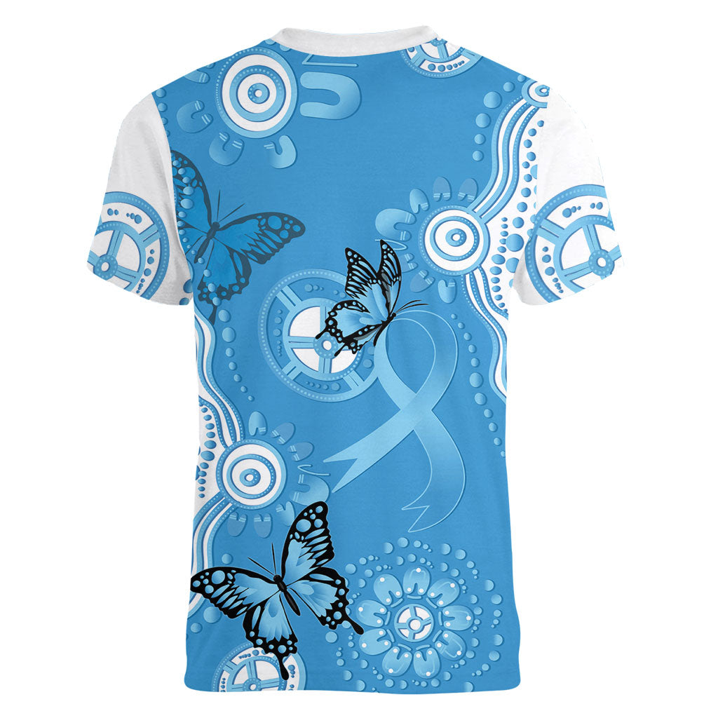 World Diabetes Day Australia Women V-Neck T-Shirt Blue Ribbon Butterfly Aboriginal Art