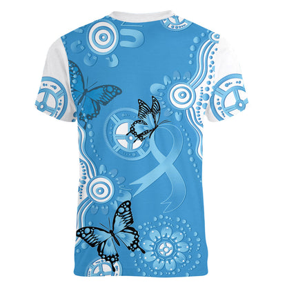 World Diabetes Day Australia Women V-Neck T-Shirt Blue Ribbon Butterfly Aboriginal Art