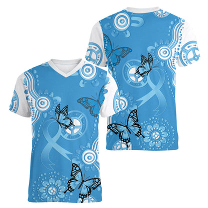 World Diabetes Day Australia Women V-Neck T-Shirt Blue Ribbon Butterfly Aboriginal Art